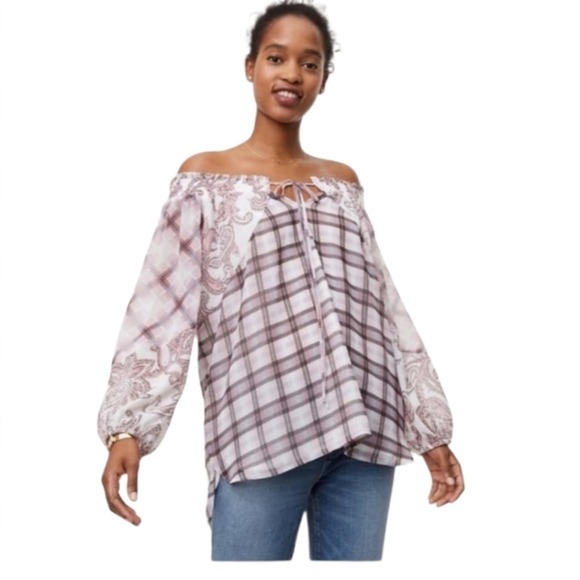 LOFT Tops - NWT Ann Taylor Loft Smocked Paisley Gingham Plaid Chiffon Off Shoulder Blouse XS